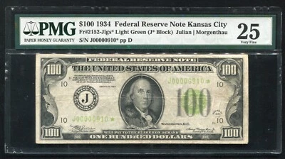 FR.2152-Jlgs* 1934 $100 *STAR* LGS LIGHT GREEN SEAL FRN KANSAS CITY,MO PMG VF-25 - Image 1 of 2