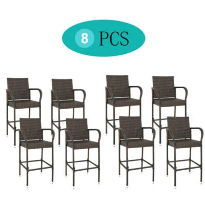 8 Pack Wicker Bar Stools Rattan Chairs w/Iron Frame Armrest and Footrest Brown - Image 1 of 4