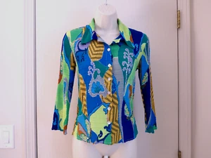 ALBERTO MAKALI Multicolored Crinkled Poly Sequins 3/4 Sleeve Buttons Up Top Sz S - Picture 1 of 4