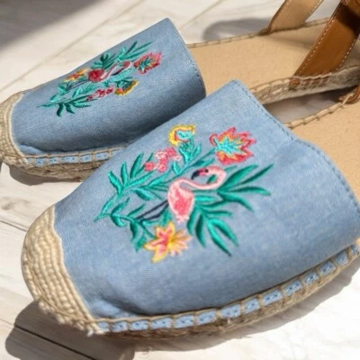 TALBOTS Espadrille Sandals Size 9.5 Chambray Izzy D'Orsay Embroidered Flamingo - Image 1 of 4