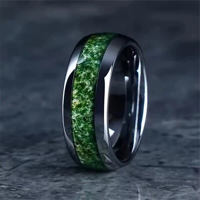 Alianza de boda verde unisex de acero inoxidable plateado anillo esmeralda jade simulado Foto 1 de 4