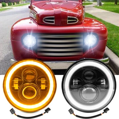 Pair 7" Inch Round LED Headlights Halo DRL Fit Ford F1 1948 1949 1950 1951 1952 - Image 1 of 4