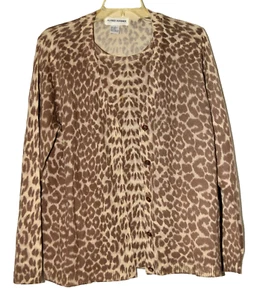 Vintage Alfred Dunner Leopard Print Cardigan Sweater Attached Shell Womens L HK - Picture 1 of 8