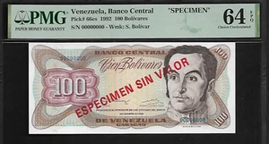 Venezuela Espécimen 100 Bolívares 1992 PMG 64 EPQ UNC P#66es - Imagen 1 de 4