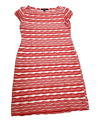 Sharagano 女式连衣裙 6 码短袖 Midi 纹理红色和白色条纹 — 第 1/4 张图片