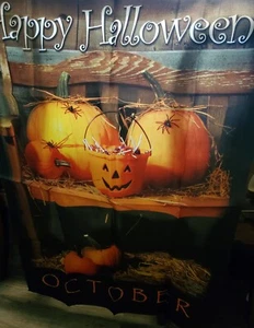 Happy Halloween October House Flag with Jack-o-lantern Candy Bucket & Pumpkins - Imagen 1 de 5