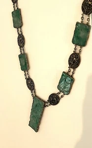 ESTATE/ Chinese Dynasty Filigree Green Jadeite 26” Silver Vermeil Panel Necklace - Picture 1 of 17