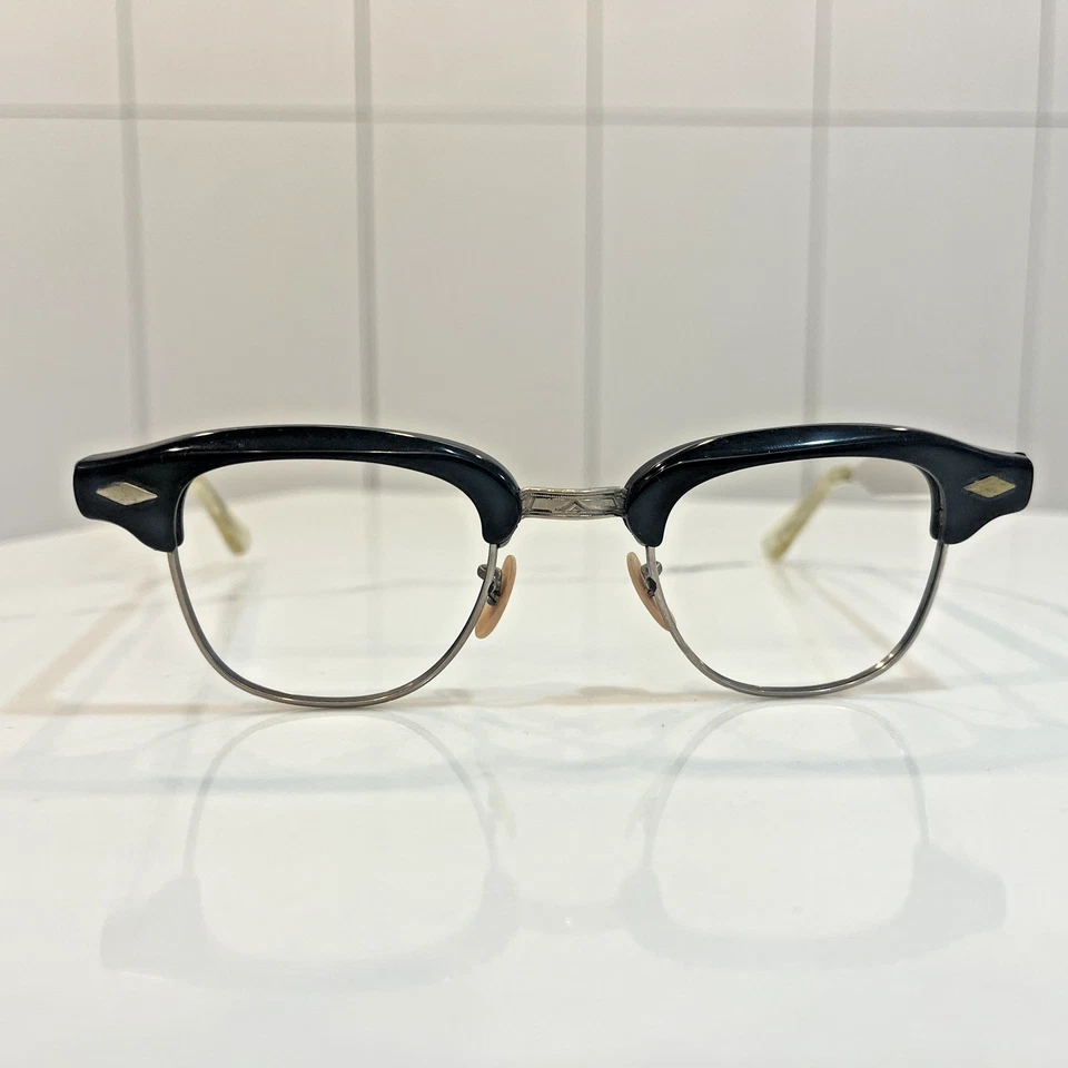 Vintage Men's  1/10 12k  White Gold Filled eyeglass frame black plastic top - Image 1 of 4