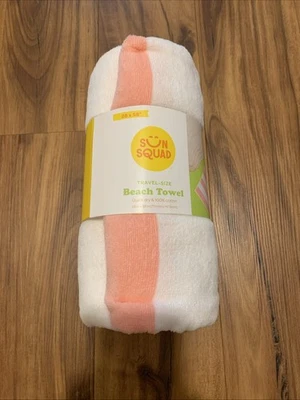 Sun Squad Pink & White Striped Beach Towel 28”x 58”Towel Soft New With Tags - Image 1 of 2