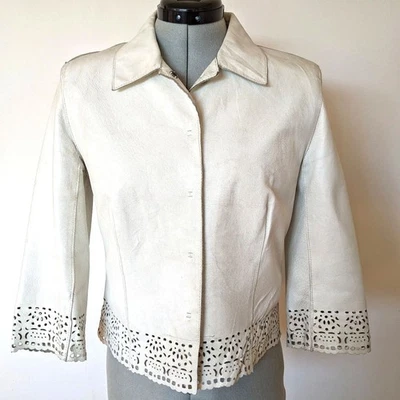 Impresionante Chaqueta de Cuero a Medida Festoneada Blanca Newport News Años 80 De Colección, Talla 6 Foto 1 de 4