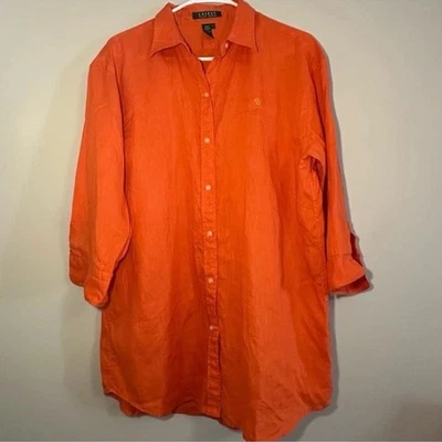 Lauren Ralph Lauren Orange Linen Shirt 3/4 Sleeve Coastal Grandma Preppy Size L - Image 1 of 4