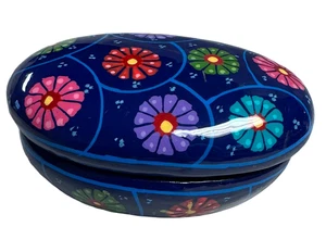 Mexican Talavera Pottery Oval Trinket Box Hand Painted Blue Floral Jewelry Dish - Picture 1 of 6