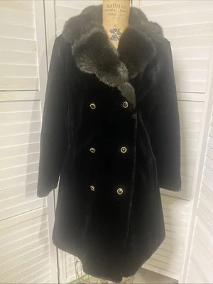 Abrigo de piel sintética negro con cuello de piel de visón de colección para mujer abrigo de guisante forrado grande Foto 1 de 4