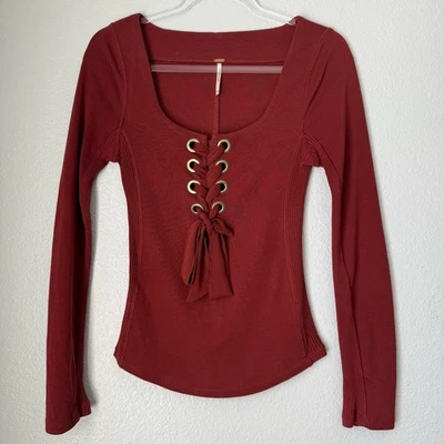 Free People Looking Back Rust Lace Up Corset long sleeve Top XS Fall Autumn - Image 1 of 4