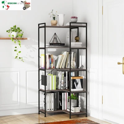 Libreria angolare a 5 ripiani, grande scaffale angolare alto a 5 ripiani, con co - Immagine 1 di 4