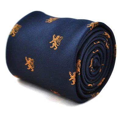 Frederick Thomas Designer Mens Tie - Dark Navy Blue - Embroidered Scottish Lion - Image 1 of 4