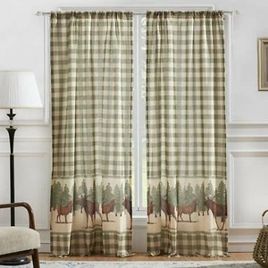MOOSE CREEK 84x84 WINDOW PANELS : CABIN LODGE GREEN PLAID CURTAIN DRAPES - Picture 1 of 4