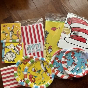 Dr. Seuss Birthday Party Kit - Plates/Napkins/Tablecover/Deco Cat In Hat LOT 12 - Picture 1 of 16