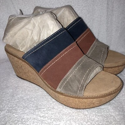 Sandalias de cuña Clarks Aisley Lily azul marino marrón gris gamuza corcho boho talla 11 M nuevas Foto 1 de 4