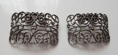 Antique MUSI Pair Silver Tone Metal Shoe Buckles Vintage Rectangle Filigree Clip - Image 1 of 4