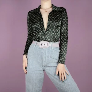 VINTAGE 90 Womens shiny Y2K 2000s Retro btton Blouse Shirt Top XS small 6 8 - Picture 1 of 11