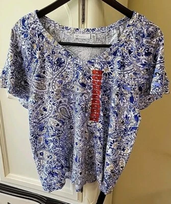 Rafaella размер XL пейсли женщин вязаный v-образным вырезом с оборками коротким рукавом модный топ - Изображение 1 из 4