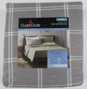 Cuddl Duds Heavyweight Flannel Twin Sheet Set Gray Ivory Plaid Brushed Cotton - Picture 1 of 6