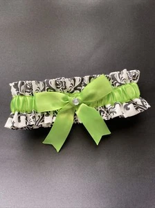 Wedding Bridal Garter Black And White Damask With Lime Green, Handmade New - Picture 1 of 5