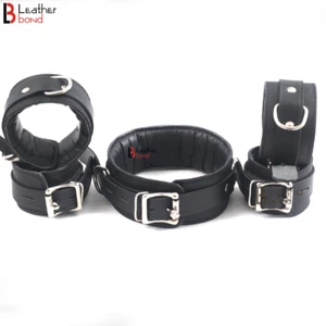 Real Cowhide Leather Wrist, Ankle Cuffs & Neck Collar Set Padded with Connector - Picture 1 of 3