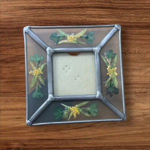 Vintage Lead & Glass Square Picture Frame With Dried Pressed Flower - Picture 1 of 5