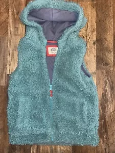 MINI BODEN Top Kids 7-8Y Green Blue Faux Fur Sleeveless Hooded Vest Fuzzy Cozy - Picture 1 of 4