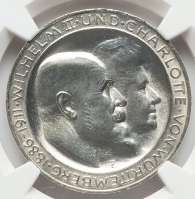 Germany Wuerttemberg Wilhelm II Wedding Anniversary 3 Marks 1911 NGC Unc! KM 636 - Image 1 of 4