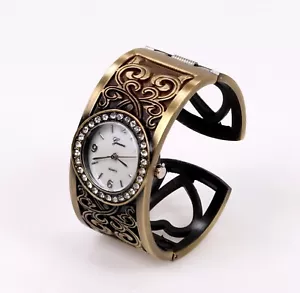 Women's Western Style Brass Finish Fashion Bangle Cuff Watch Heart Love Band - Picture 1 of 9