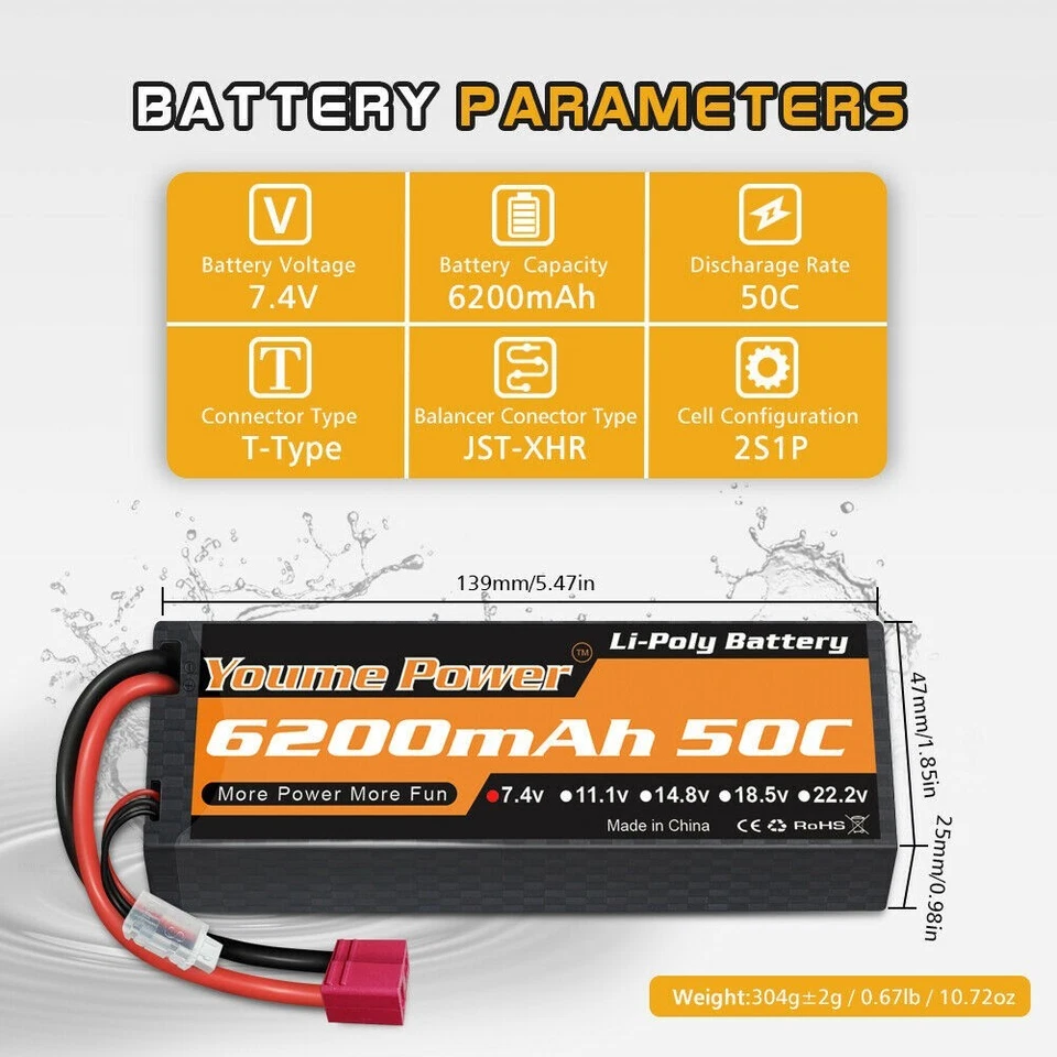 Youme 7,4V 6200mAh 2S Lipo Battery T for RC Helicopter Airplane - Bild 1 von 1