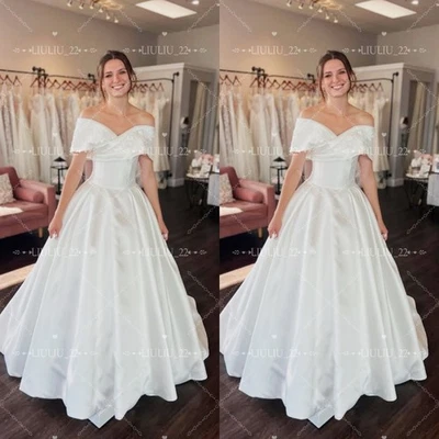 Elegantes vestidos de noiva de cetim simples fora do ombro varredura trem vestidos de noiva - Imagem 1 de 4