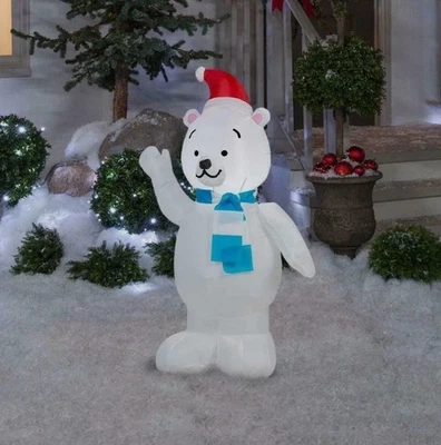 3' 6" LED NAVIDAD OSO POLAR EN SANTA SOMBRERO Y BUFANDA NAVIDAD INFLABLE Foto 1 de 2