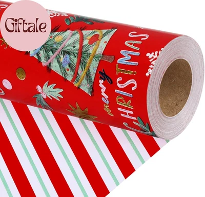 Rolo de papel de embrulho de Natal reversível, design clássico de árvore de Natal com lata - Imagem 1 de 4