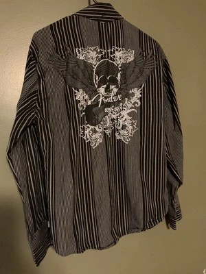 Camisa FENDER para hombre talla mediana a rayas negras guitarra Rock N Roll abotonada ¡GENIAL! Foto 1 de 4