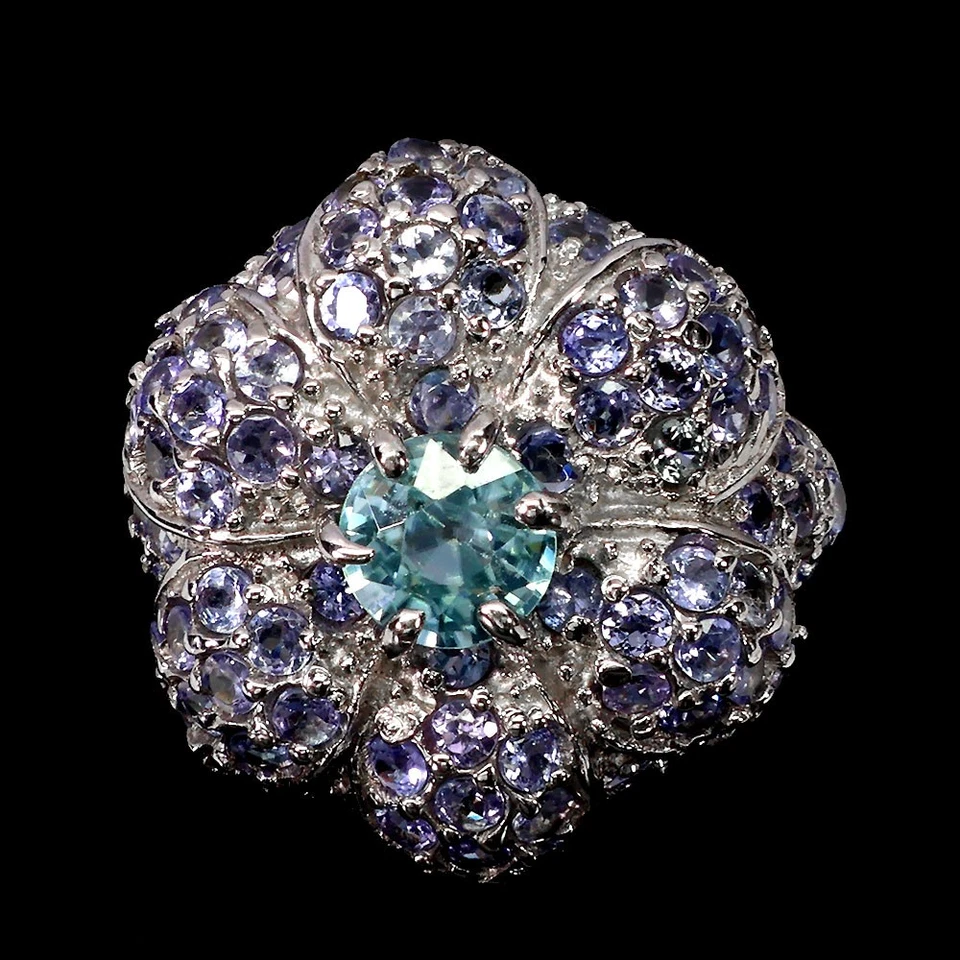 Anel de prata esterlina 925 oval zircão 6 mm pedra preciosa tanzanita tamanho flor  - Imagem 1 de 4