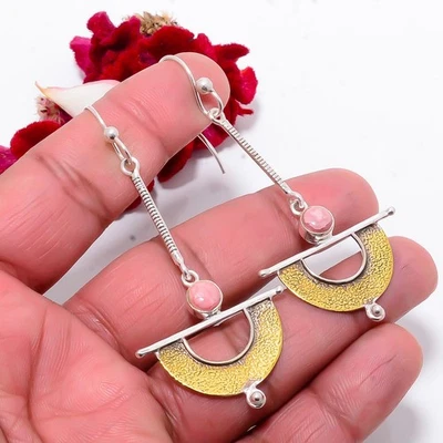 Rhodochrosite 925 Sterling Silver Textured Two Tone Basket Earring 2.89" Sku39 - Image 1 of 4