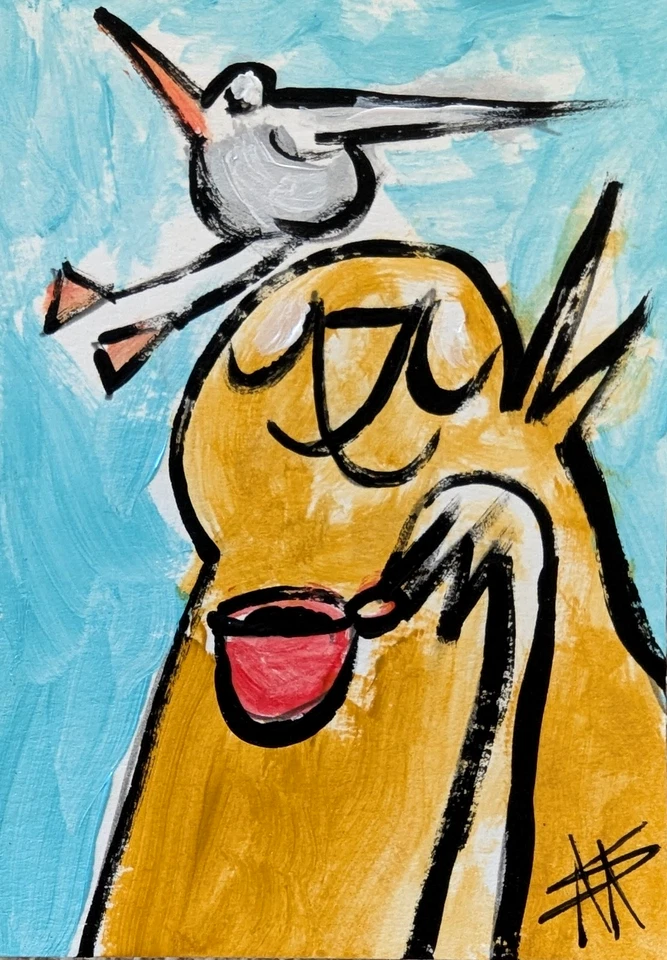 ACEO 鸟猫画原版收藏品现代艺术卡萨曼莎·麦克莱恩 — 第 1/1 张图片