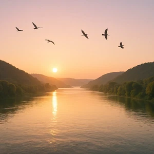 Sunset River Digital Download, Birds Over Water Landscape Print, Nature Wall Art - Picture 1 of 1