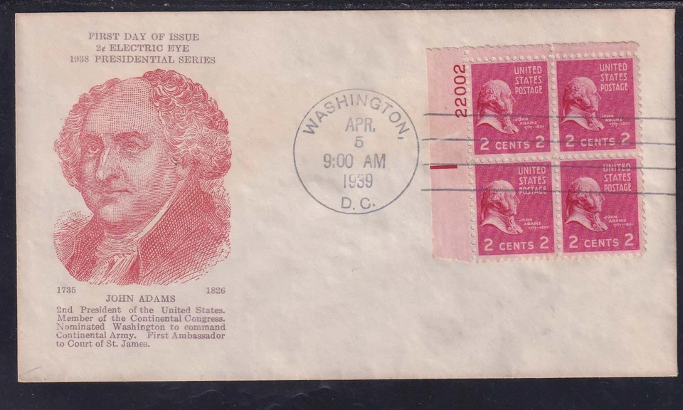 SCOTT 806EE JOHN ADAMS ELECTRIC EYE PLATE BLOCK FIRST DAY COVER ** OFFERS ** - Image 1 of 1