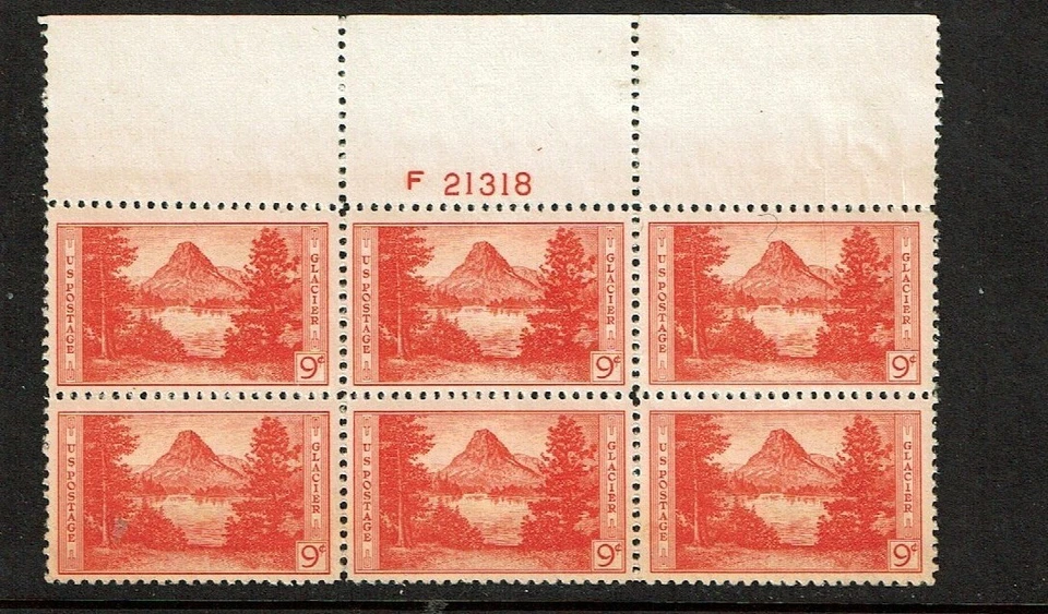 1934 U.S. NATIONAL PARKS 9c Red Org GLACIER Plt#Blk of 6 Sc#748 M/VLH/OG  Fresh! - Image 1 of 1