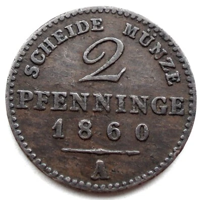 GERMAN STATES, PRUSSIA 2 PFENNIG 1860 A KM#452 Wilhelm IV. O6.1 - Image 1 of 2