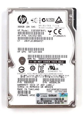 HP EG0300FBVFL 300GB 2.5" 6Gb/s 10K RPM SAS Hard Drive P/N: 641552-001 Tested - Image 1 of 3