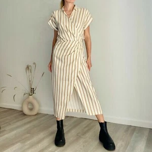 BNWT ZARA Ecru Striped Wrap Draped Dress Size L - Picture 1 of 11