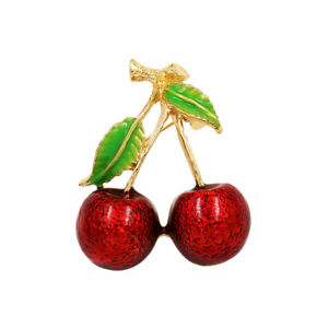 Vintage Art Deco Wine Red Enamel Cherry Brooch Gold tone Pin Fruit Broach Gift