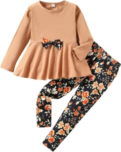 Kids Toddler Girls Clothing Set Long Sleeve Top with Bowknot +Floral Print Pants - Picture 1 of 12