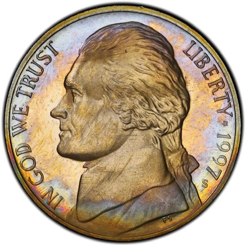 PR66DCAM 1997-S 5C Jefferson Proof Nickel, PCGS- Rainbow Album Toned Cover